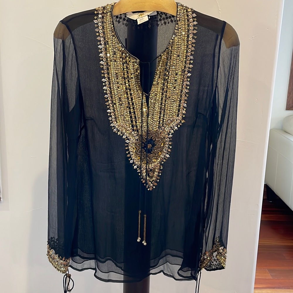 NWOT Sheer silk gold sequin top